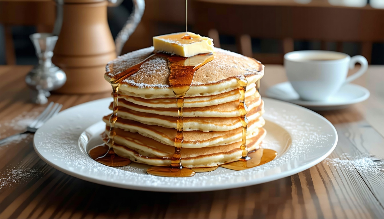 A delicious stack of pancakes with syrup and butter at Millie's Pancake Haus