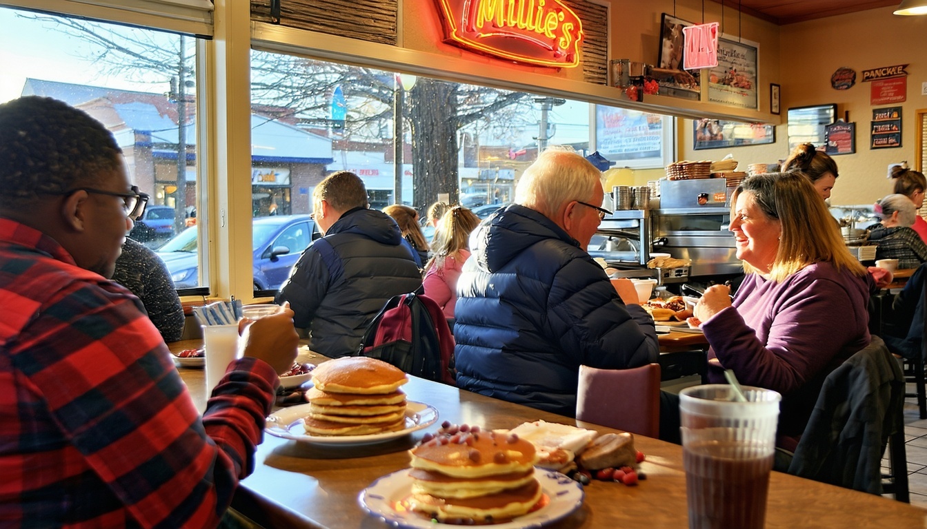 Cozy interior of Millie's Pancake Haus with patrons enjoying their meals